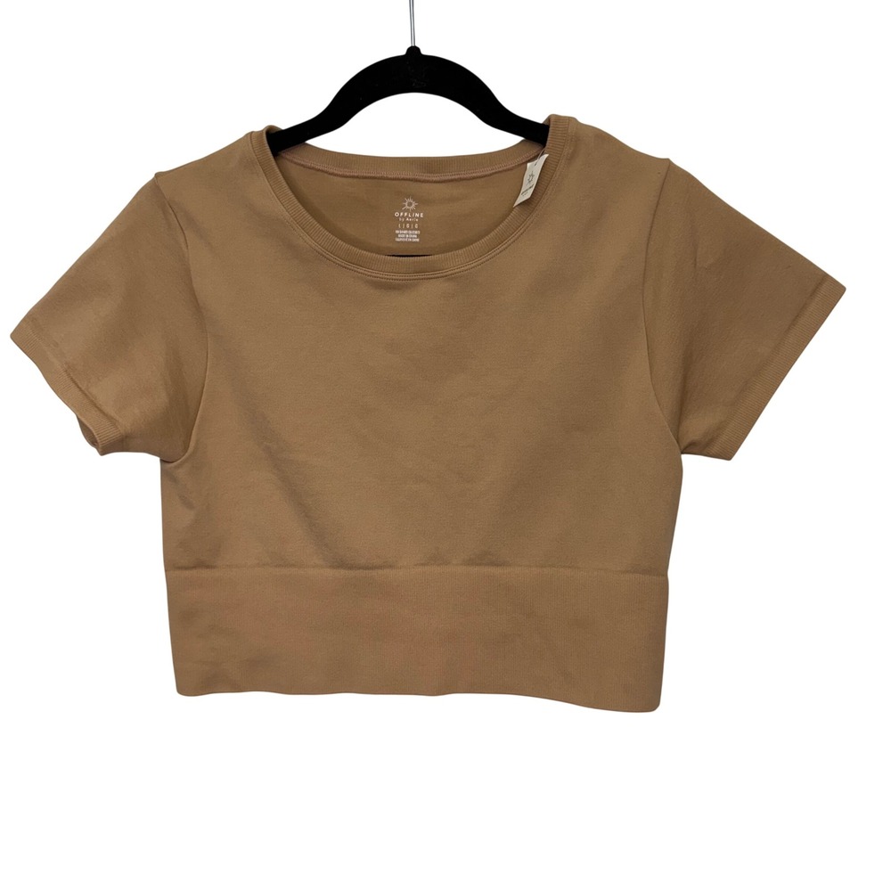 OFFLINE by Aerie Womens Seamless Crop Top‎ Tan Short Sleeve Ribbed Hem Large NEW